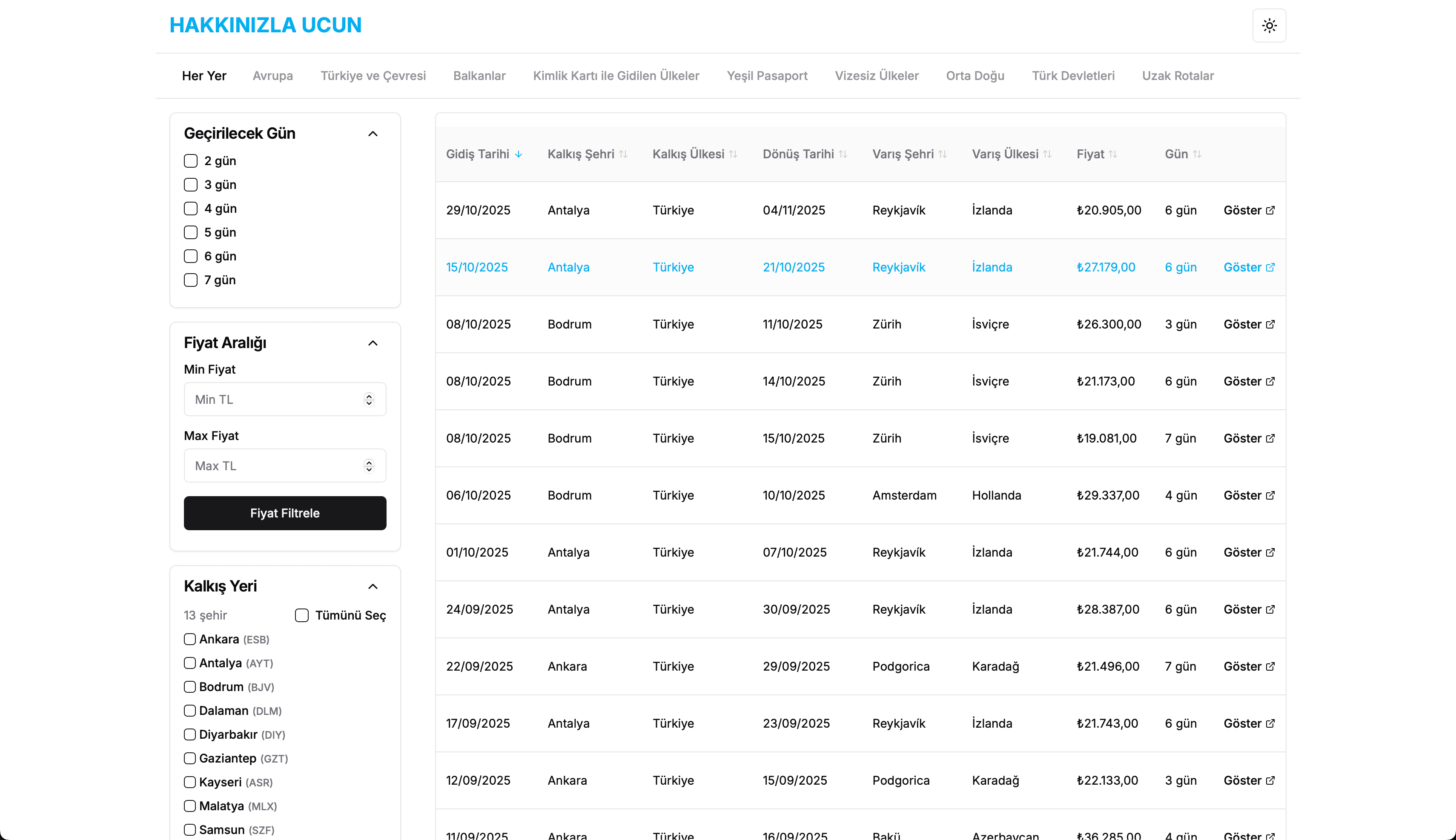Hakkınızla Uçun platform arayüzü - uçuş arama ve listeleme ekranı